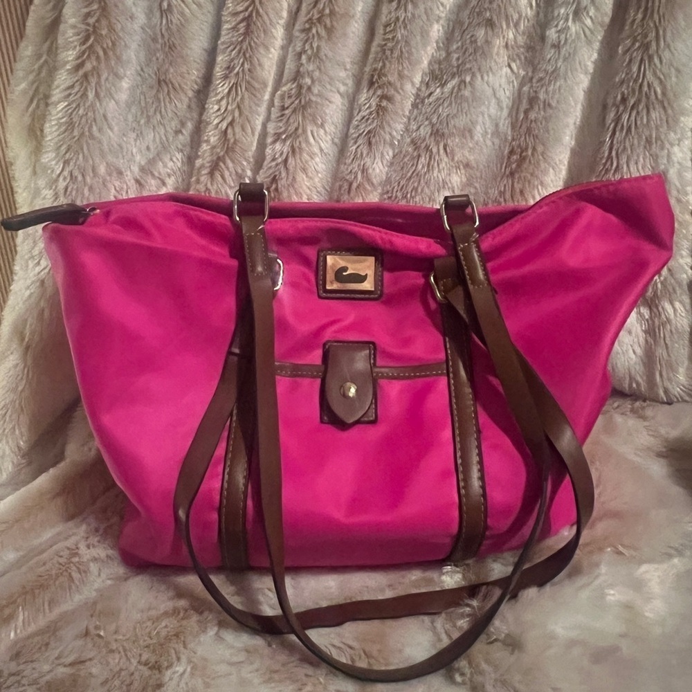 Dooney & Bourke Fuchsia Tote with Chocolate Straps - Picture 1 of 6